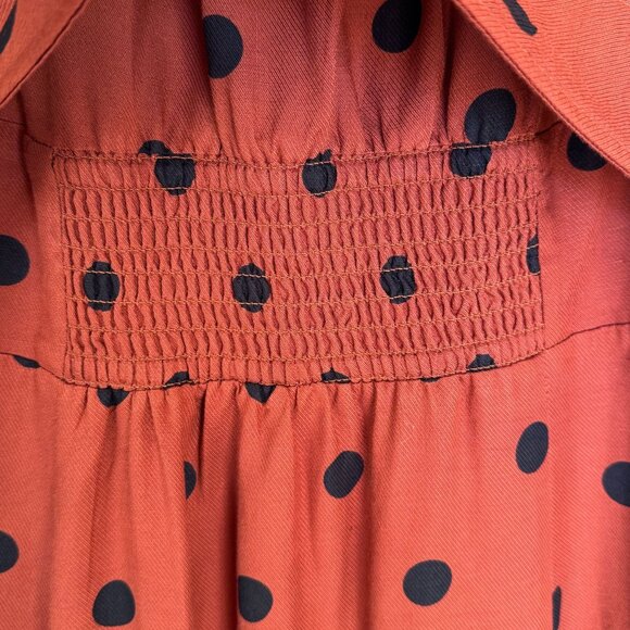 Anthropologie Maeve Lucienne Off-The-Shoulder Brown Polka Dot Maxi Dress Size 6 - Picture 7 of 16